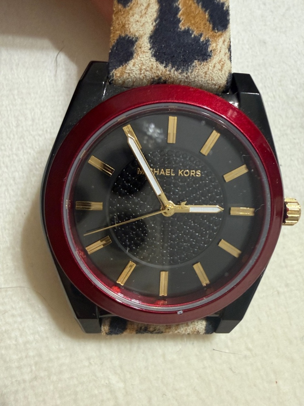 Michael Kors Black and Red Dial Watch with Leopard Strap